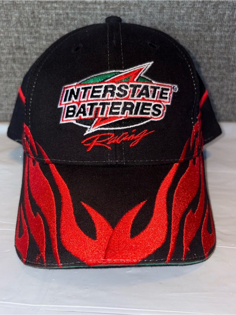 Interstate Batteries #18 Racing Hat Hook & Loop Cap Black Embroidered Red Flames